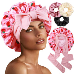 Heniho front view bonnet set showing double-layer tie and included scrunchies for secure sleep