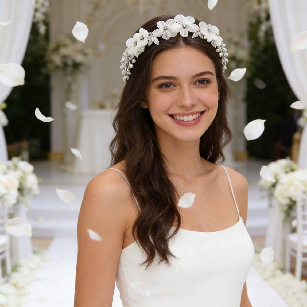 Heogacinlia headband on model in bridal setting showing polished event-ready look benefit