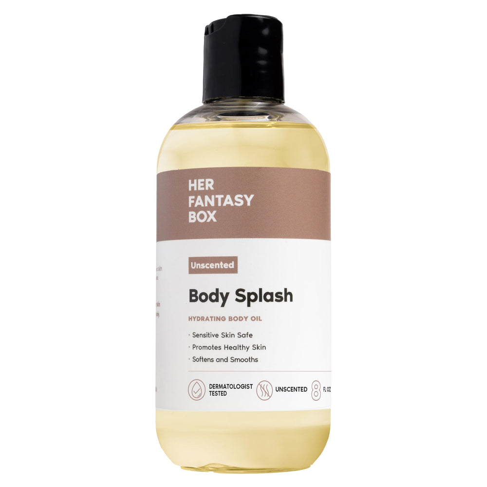 Her Fantasy Box front bottle view showing clean unscented oil packaging and benefit