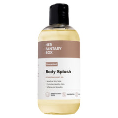 Her Fantasy Box front bottle view showing clean unscented oil packaging and benefit