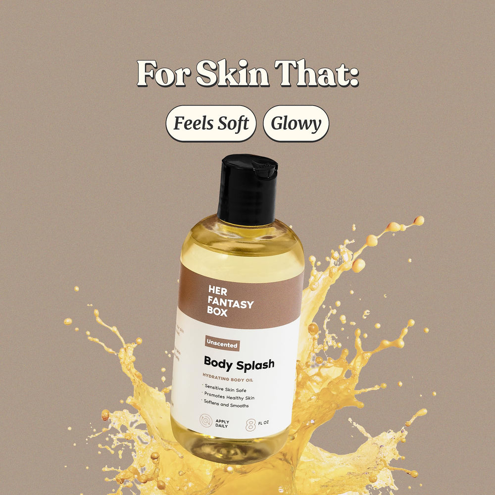 Her Fantasy Box oil pouring from bottle illustrating lightweight absorbency benefit