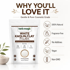Herb Magic close-up of fine white kaolin clay texture showing smooth quality