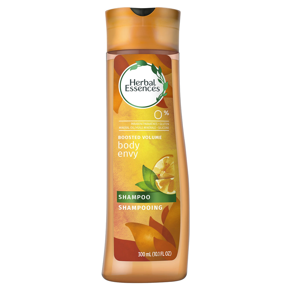 Herbal Essences Body Envy front bottle showing size and citrus label, promotes lightweight volume