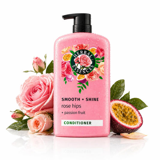 Herbal Essences front bottle showing rose hips and passionfruit, highlights easy-smoothing