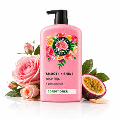 Herbal Essences front bottle showing rose hips and passionfruit, highlights easy-smoothing