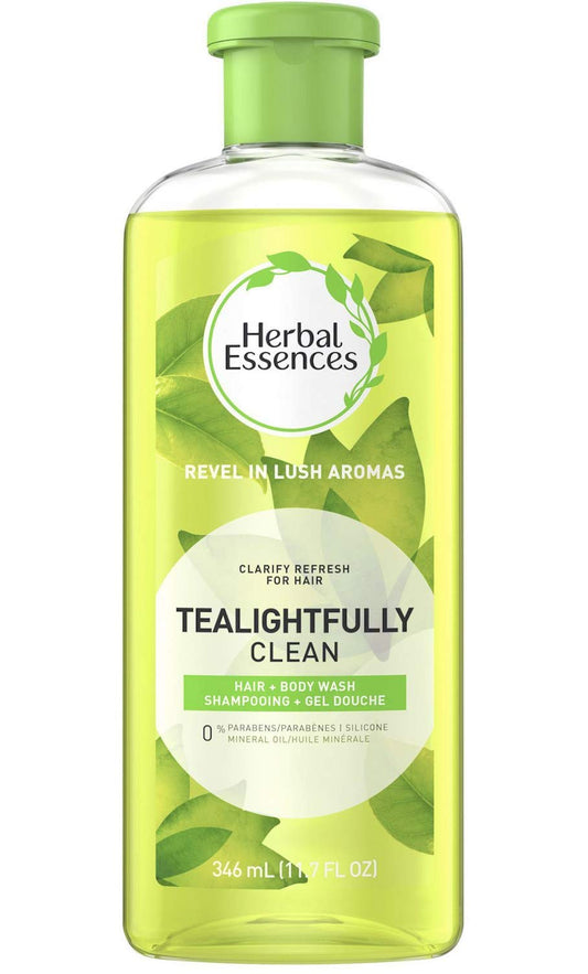 Herbal Essences front bottle shot showing label and size, highlights gentle clarifying benefit