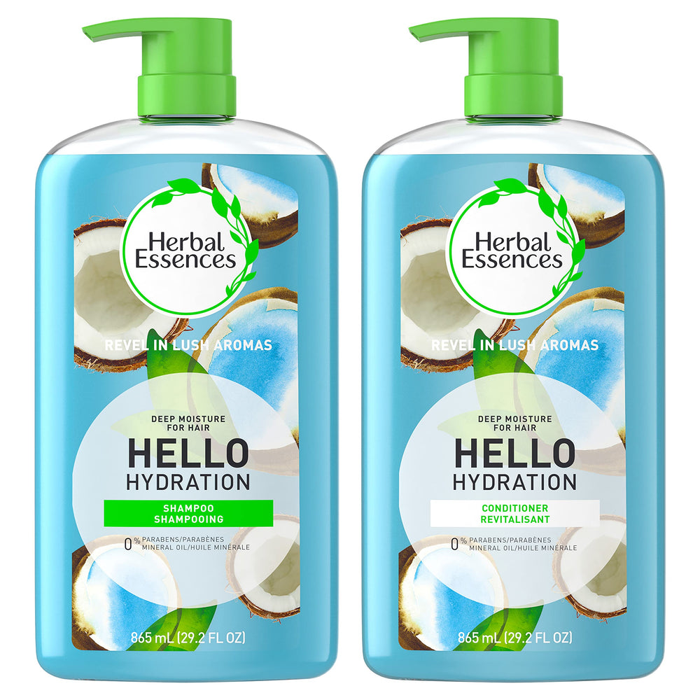 Herbal Essences front packaging showing two 29.2 fl oz bottles and coconut scent benefit