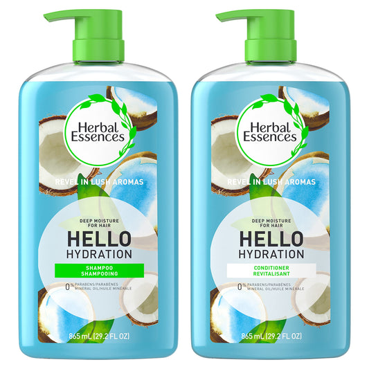 Herbal Essences front packaging showing two 29.2 fl oz bottles and coconut scent benefit