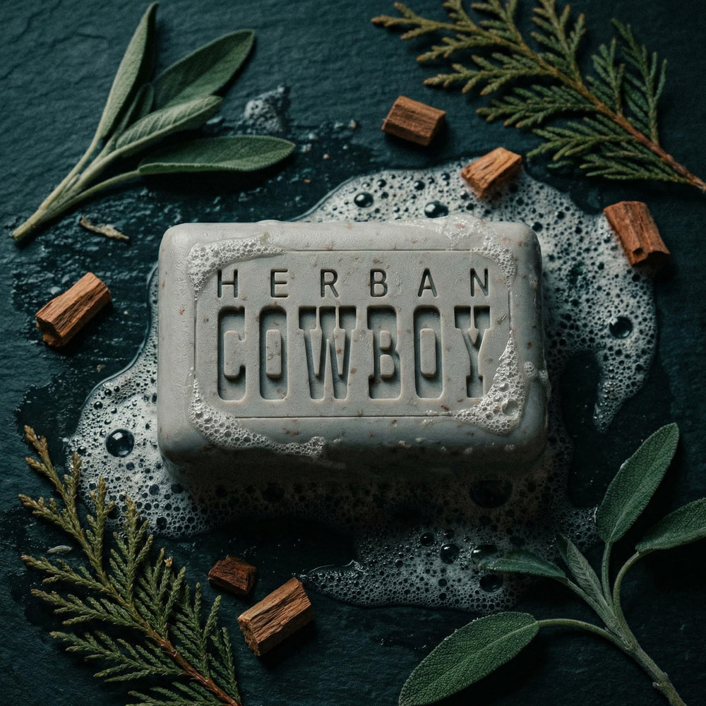Herban Cowboy dusk soap texture close-up showing smooth clear bar for gentle cleansing
