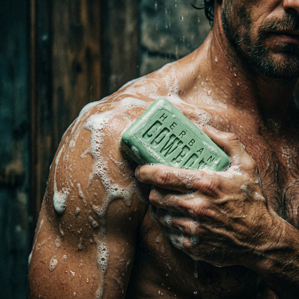Herban Cowboy soap in hand producing lather for effective cleansing benefit