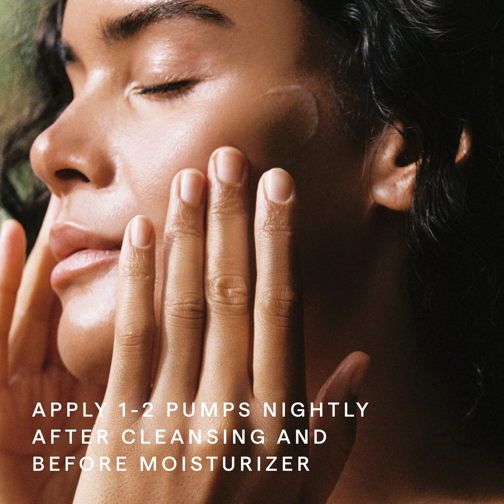 HERBIVORE serum staged on nighttime shelf, suggests easy routine integration