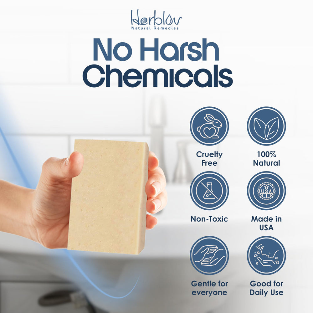 Herblov soap size comparison next to a hand to show practical scale