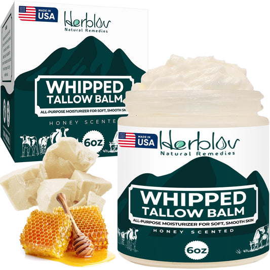 Herblov front jar of beef tallow balm showing product packaging and benefits
