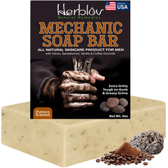 Herblov front packaging showing soap bar and rugged label, communicates durability