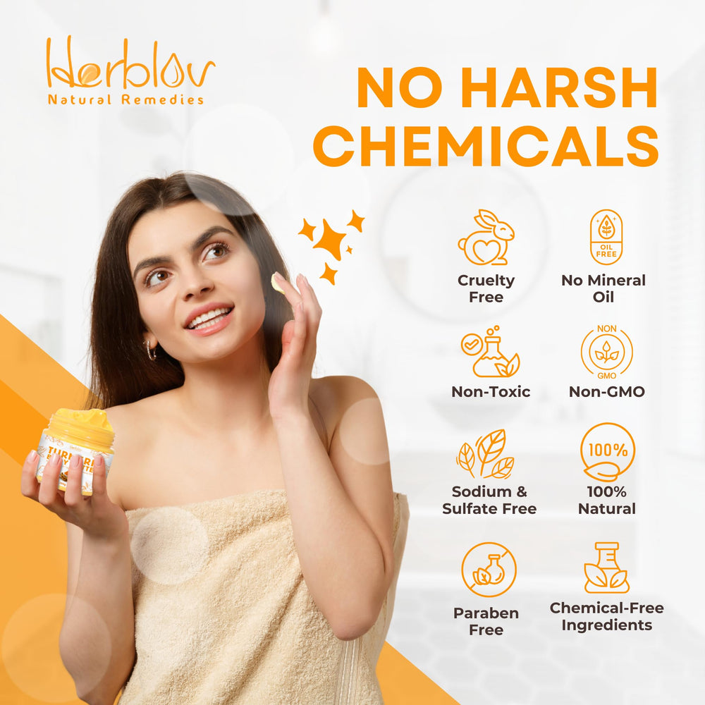 Flatlay of Herblov with raw turmeric and natural ingredients conveying purity
