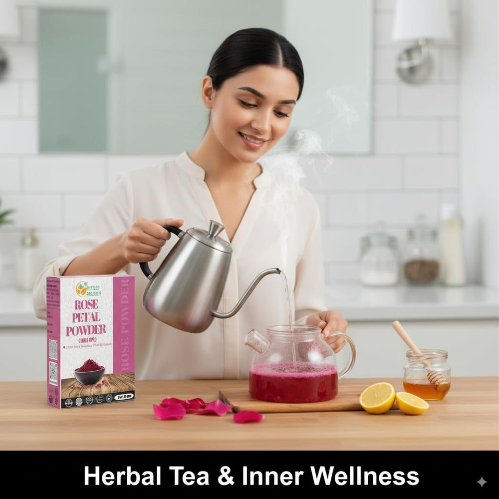 Herbs Botanica bath bowl with rose powder and towels suggesting relaxing aromatherapy