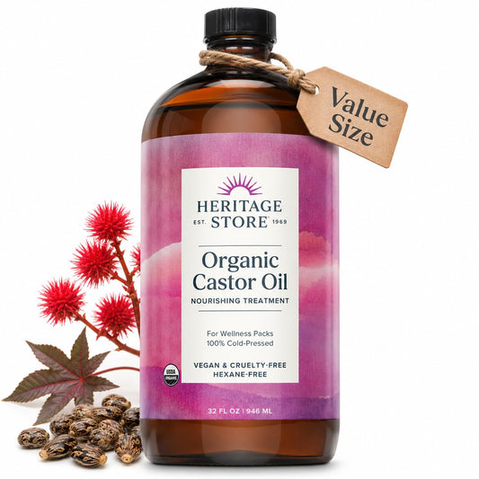 HERITAGE STORE glass bottle front view showing size and label benefit