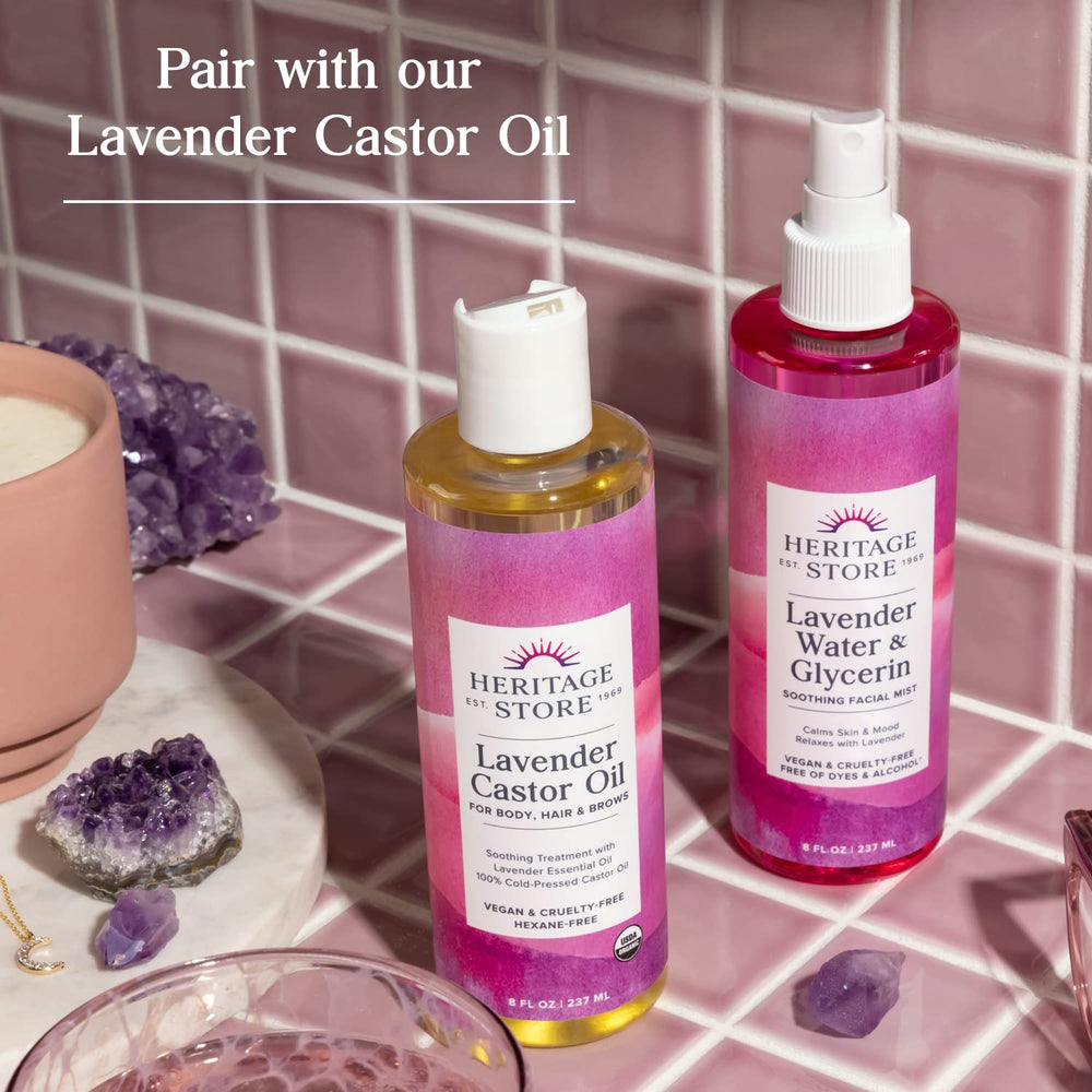 HERITAGE STORE bottle on vanity conveying relaxation and routine benefit