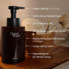 hetras pump and label close-up highlighting easy-dispense pump and readable ingredients