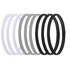 Hexchasty front view of nine black white gray headbands showing neutral set and versatility