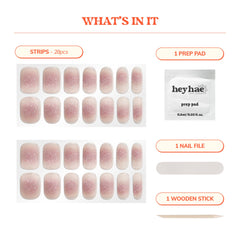 heyhae kit contents laid out with strips, prep pad, file, and stick benefits