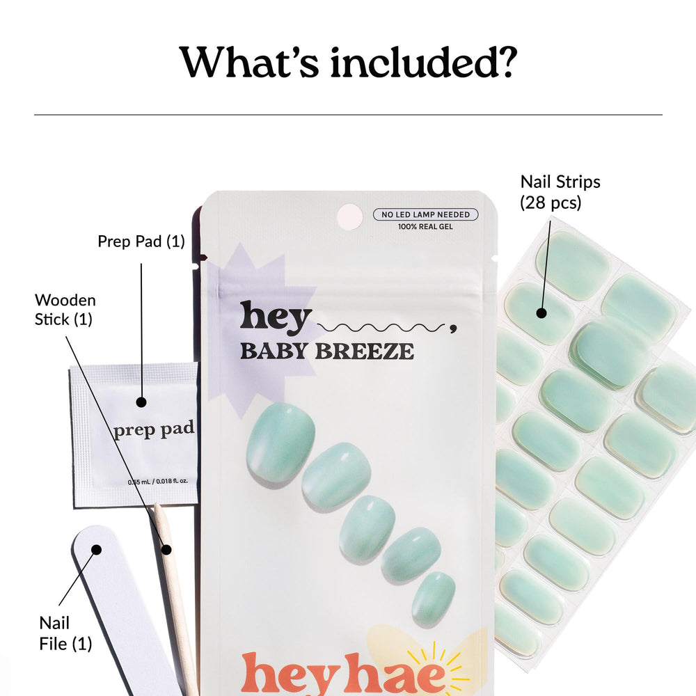 Heyhae kit contents laid out with 28 strips, prep pad, file and stick benefit convenience