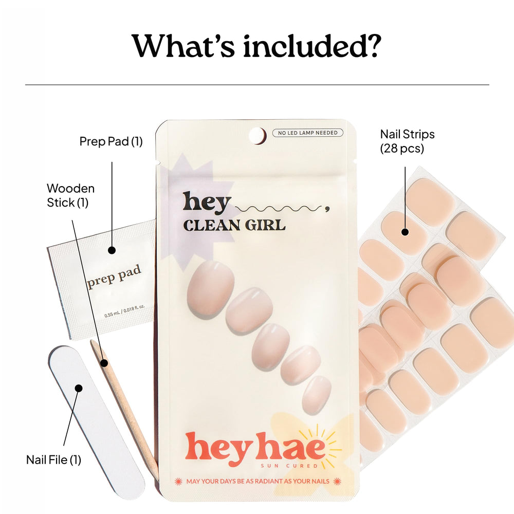 heyhae kit contents laid out displaying strips, prep pad, file, and wooden stick