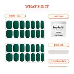 heyhae kit contents laid out with prep pad, file, wooden stick for easy application
