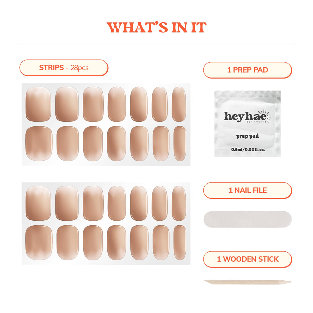 heyhae kit contents with prep pad nail file and wooden stick for easy application