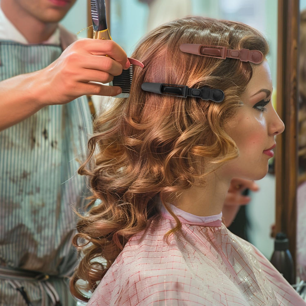 HH&LL clips holding sections during salon styling for stable, non-slip performance