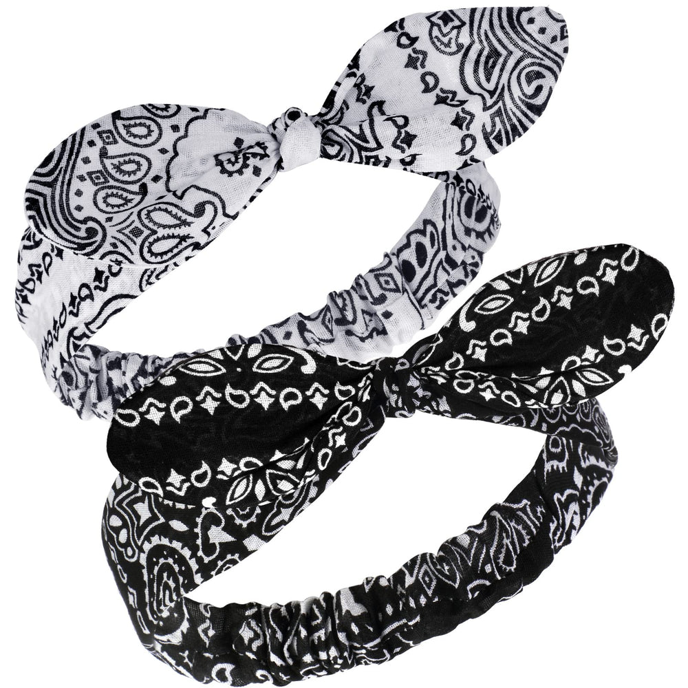 Hicarer two-piece paisley headbands front view showing white and black designs and style versatility