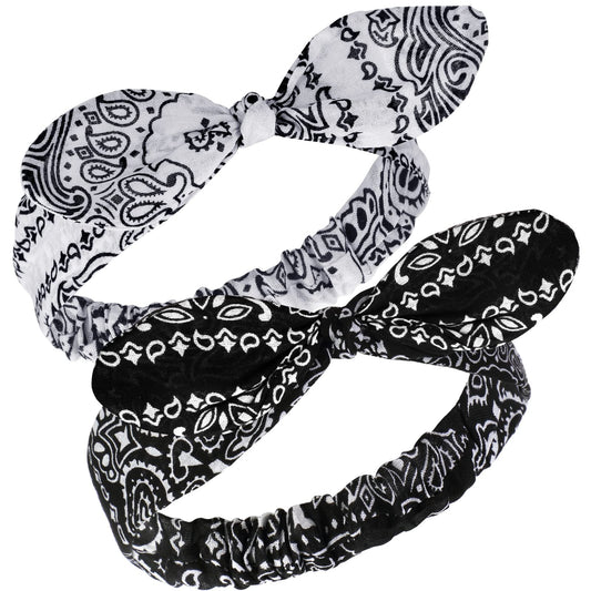 Hicarer two-piece paisley headbands front view showing white and black designs and style versatility