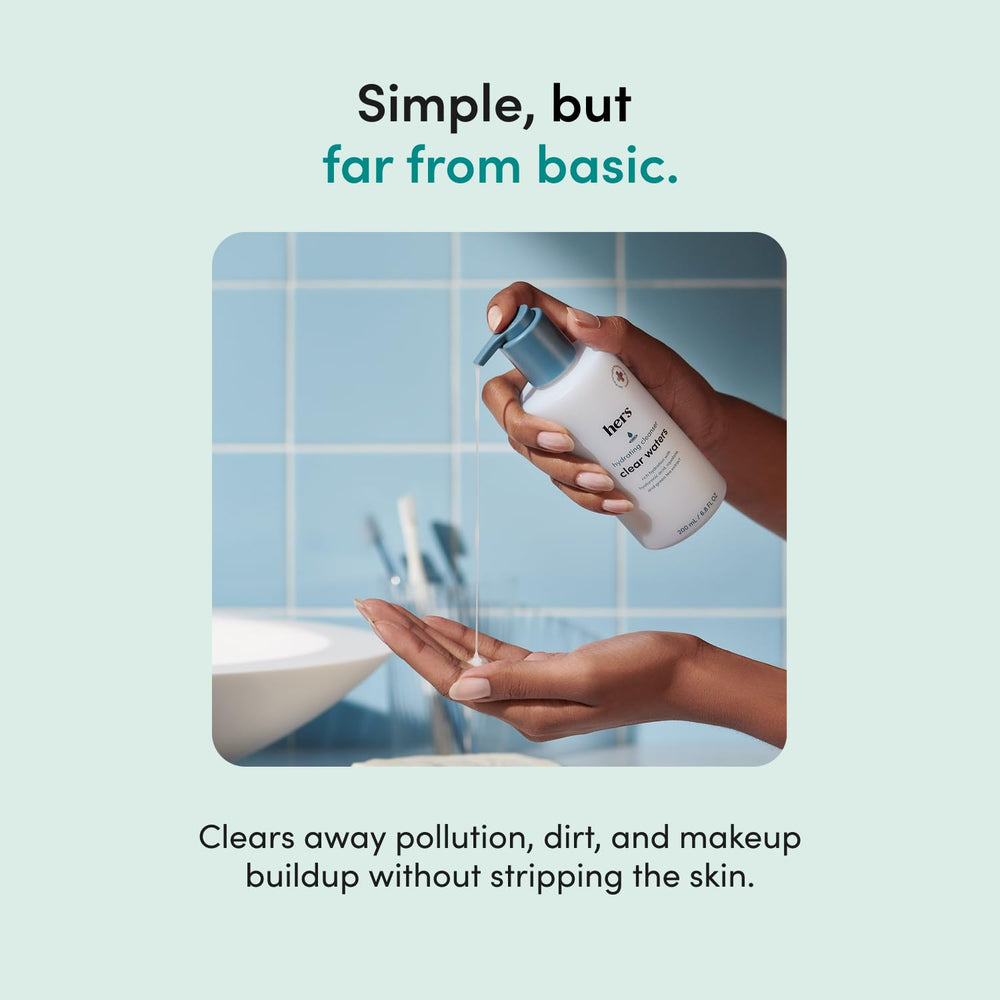 HIMS & HERS Clear Waters being dispensed into a hand showing simple application