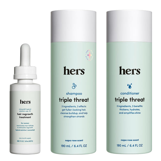 HIMS & HERS front packaging showing the full three-piece kit and benefits