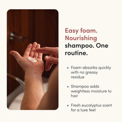 hims shampoo label close-up, showing saw palmetto and vegan benefits