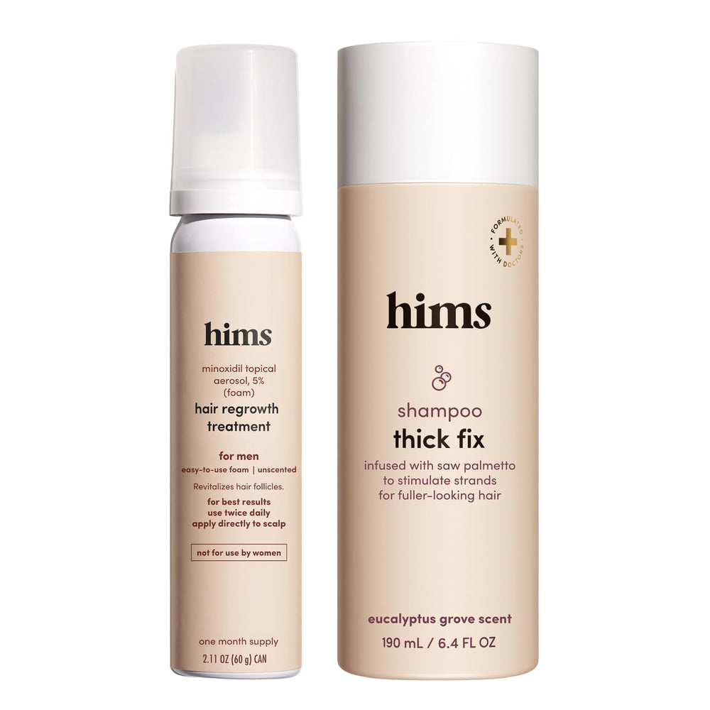 hims front packaging showing both bottles, highlights convenience and results