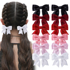 hisial front packaging showing 12 satin bow clips and colorful set benefit