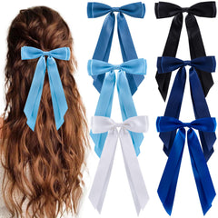 hisial front view of six satin bow clips showing colors and packaging for easy selection