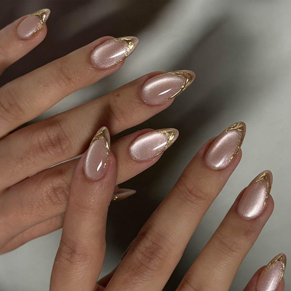 Hkanlre front packaging showing 24-piece nude almond nails and benefits
