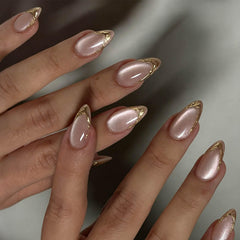 Hkanlre front packaging showing 24-piece nude almond nails and benefits