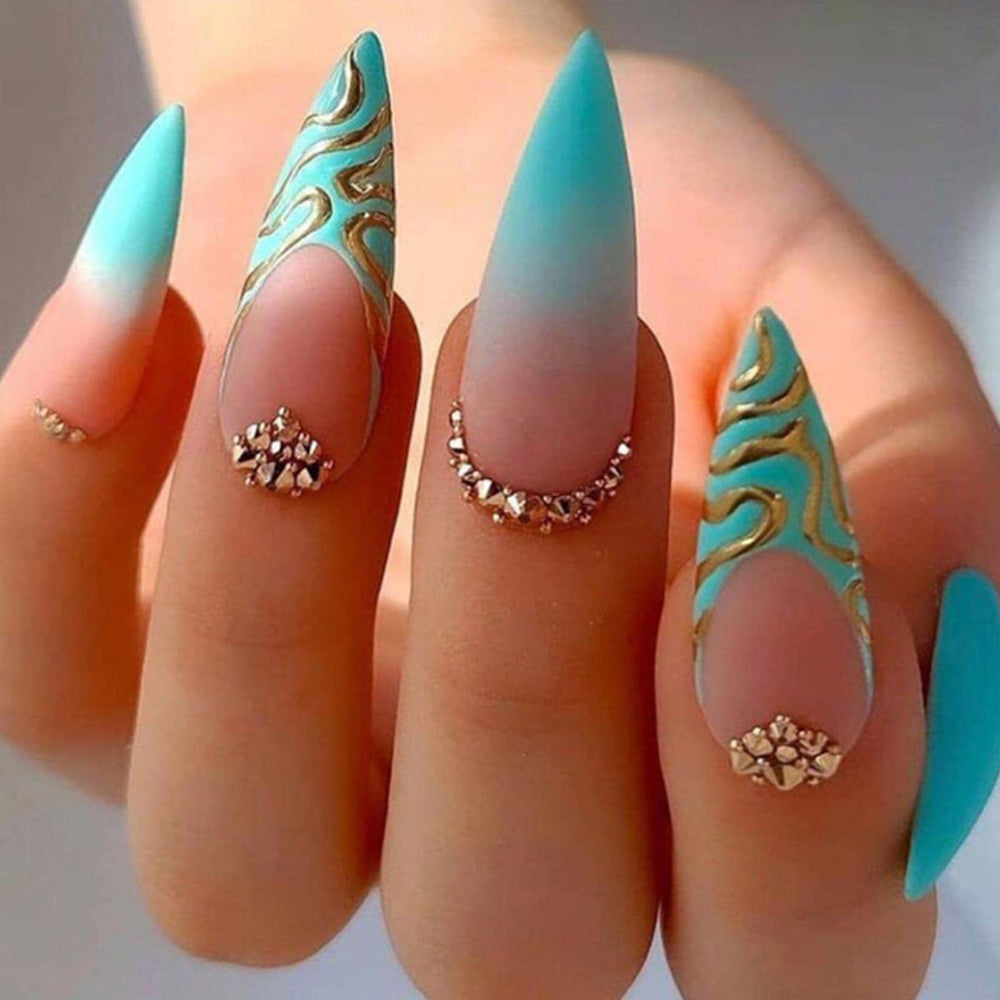 Hkanlre front packaging showing 24 green stiletto nails for instant glam
