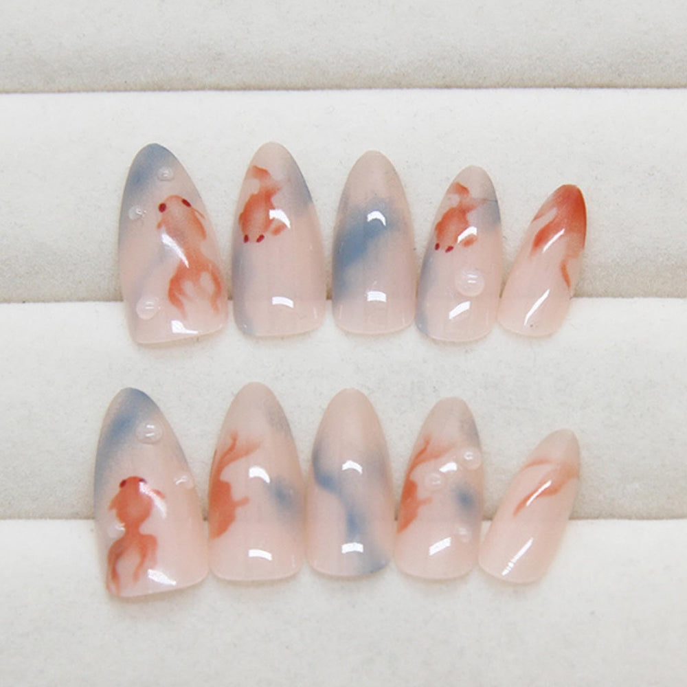 Hkanlre model hand wearing blue almond nails, quick salon-style look