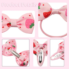 HLTOO two elastic strawberry hair ties displayed for scale and stretch durability