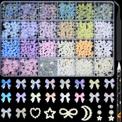 HNUIX front packaging showing full bow nail charms kit and organization benefit