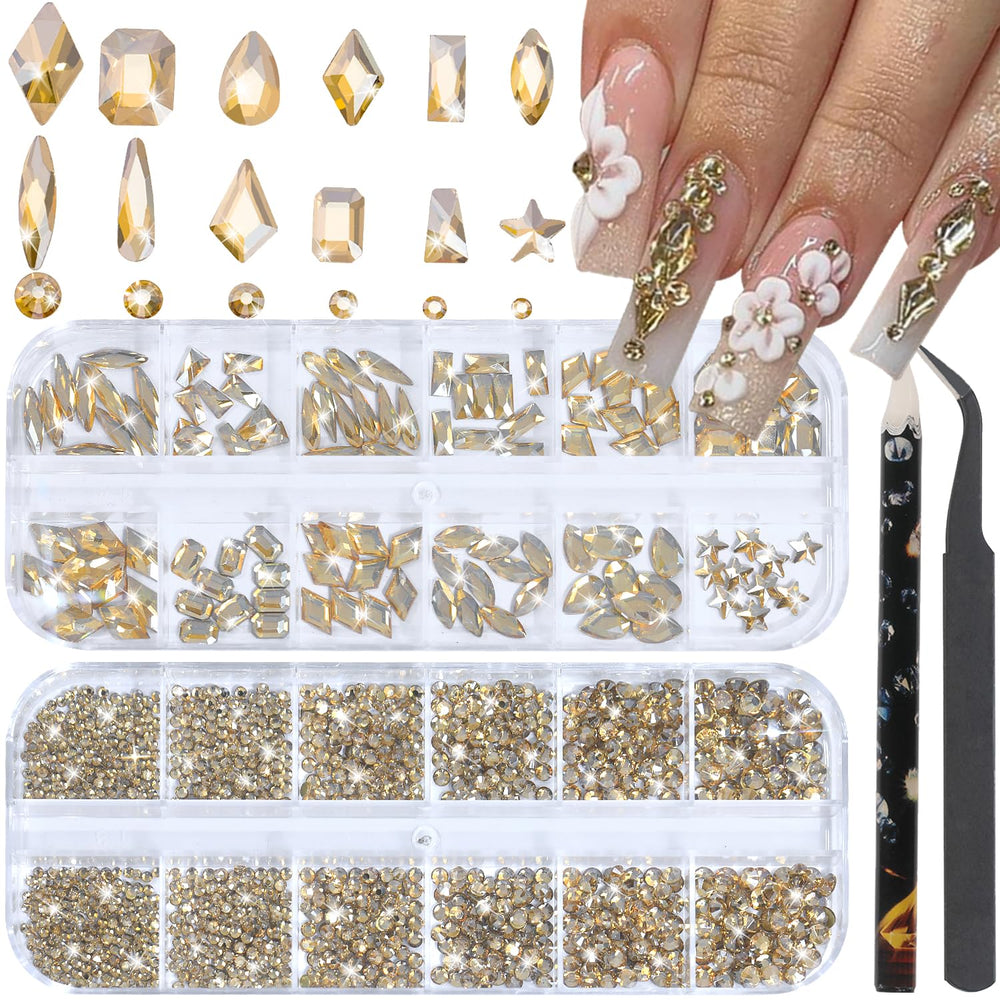 HNUIX front box packaging showing champagne gold rhinestones and included tools