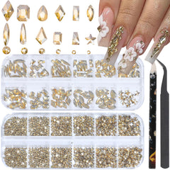 HNUIX front box packaging showing champagne gold rhinestones and included tools