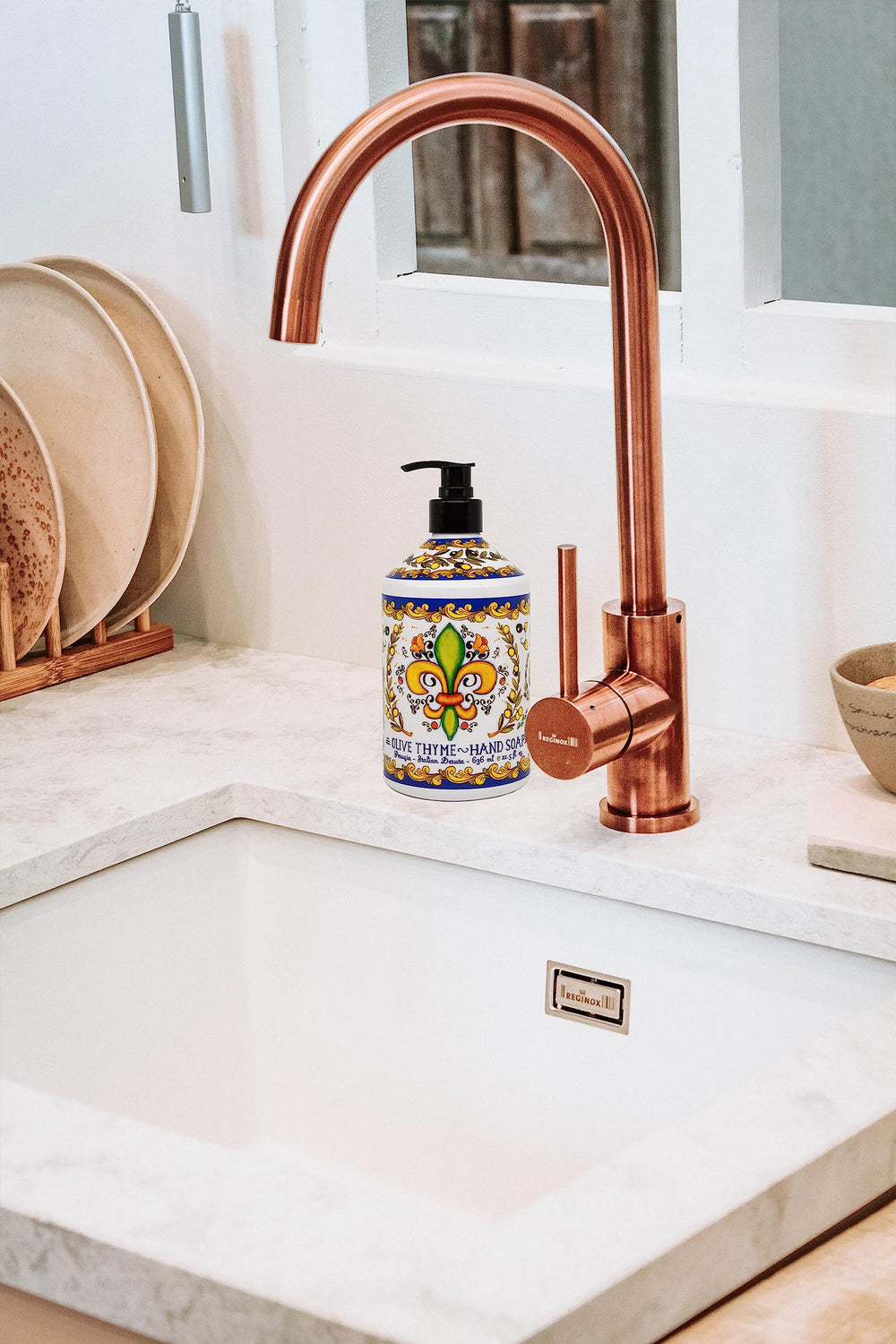 Home & Body Company Perugia Deruta set placed on a kitchen counter showing practical use and coordinated scents
