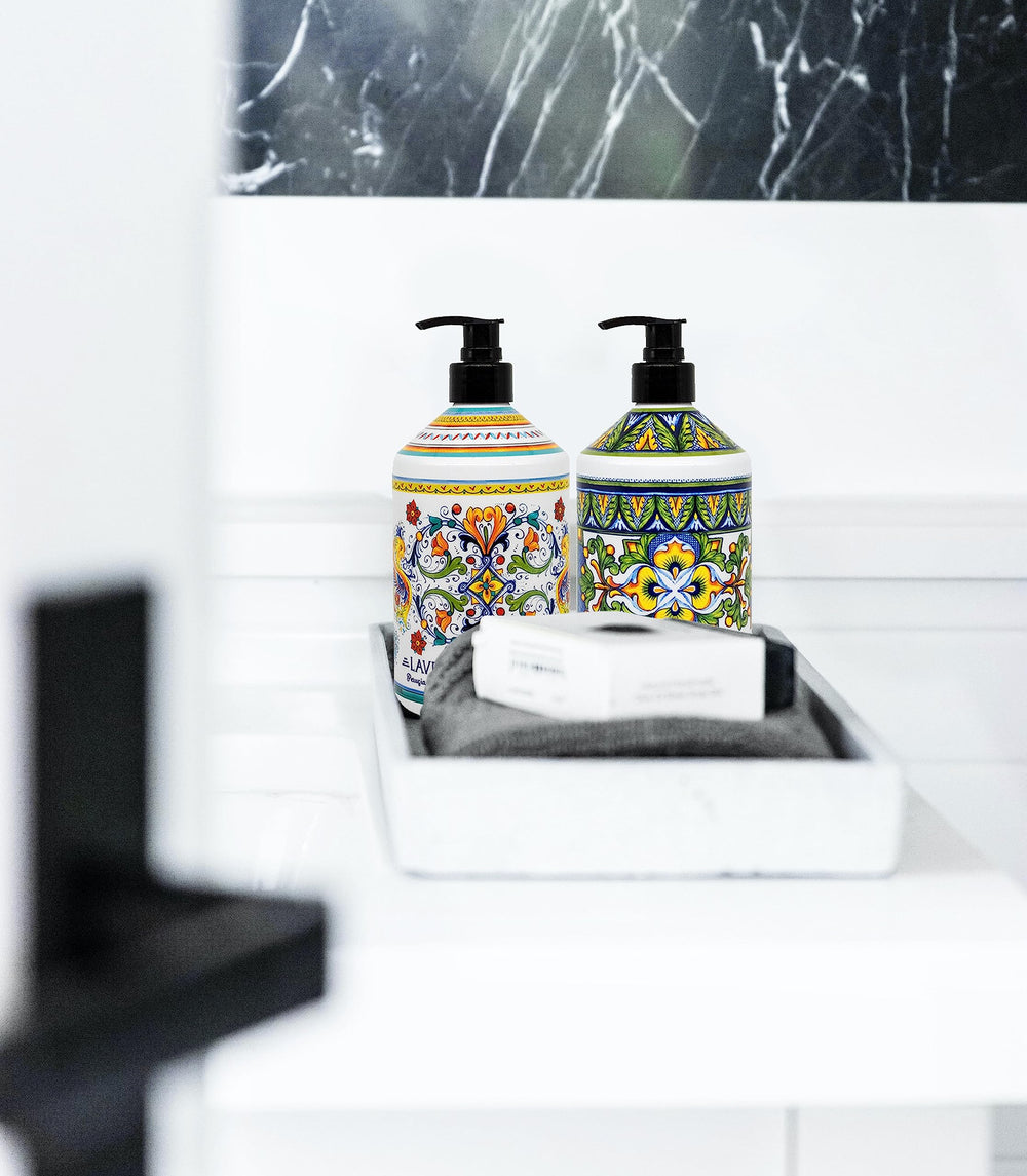 Home & Body Company Perugia Deruta olive thyme bottle close-up showing herbaceous label for subtle, warm fragrance