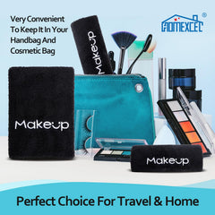 HOMEXCEL towels styled on vanity and packed in travel bag showing portability and convenience