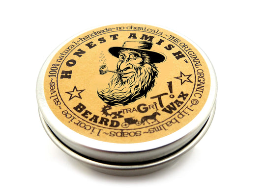 Honest Amish extra grit front tin showing label and 2 ounce size benefit of authenticity